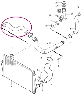 Hadice od trubky turba do intercooleru 2.4D/D5 (-2006) P2 S60/V70 II/XC70 II, vozidla bez rezonátoru